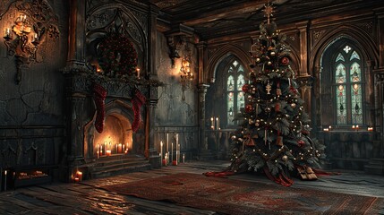 Obraz premium Gothic-inspired Christmas tree decorated with dark velvet ribbons and ornate black lace, against a medieval castle interior with candlelit sconces