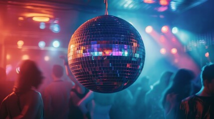 Obraz premium A bustling nightclub scene with a dazzling disco ball, multi-colored lights, and people dancing energetically, embodying nightlife exuberance.