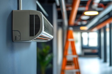 Office climate control maintenance: air conditioning unit in contemporary workspace, clean air systems for employee comfort and productivity