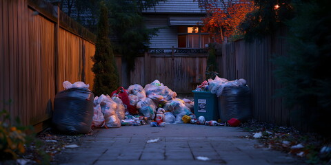 Residential waste management crisis: overflowing garbage bags and bins in suburban backyard, challenges of household waste disposal and need for improved sanitation services