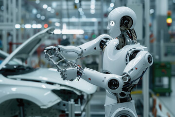 Fototapeta premium Futuristic humanoid robot working in a car assembly production line, AI generated