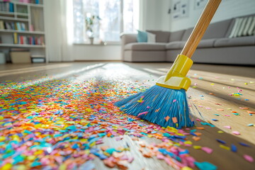 Festive aftermath cleanup: vibrant confetti scattered on hardwood floor with broom, post-party cleaning challenges in home or event spaces
