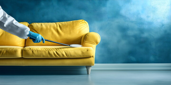 Professional upholstery cleaning: yellow sofa being sanitized with specialized tool. Deep cleaning services for furniture and interior maintenance. Banner with copy space