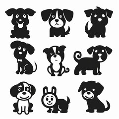 Fototapeta premium Cute dog icon set, pet animal flat silhouette, puppy icons, funny dog character pictogram, minimal woof sign
