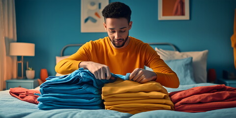 Man folding colorful laundry on bed in vibrant bedroom, efficient home organization and cleanliness routine for modern living spaces and household management