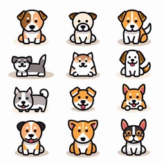 Obraz premium Cute dog icon set, pet animal flat symbols, puppy icons silhouettes, funny dog character pictogram