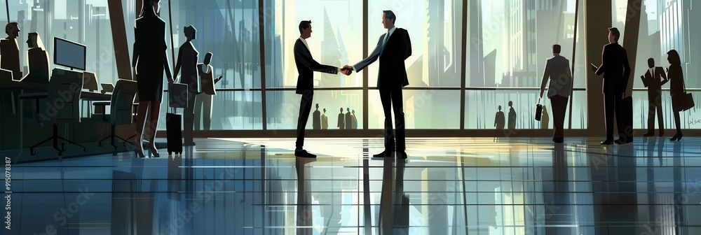 Poster Two business professionals engage in a handshake, signifying a successful agreement in a bright, modern office setting filled with activity. Generative AI