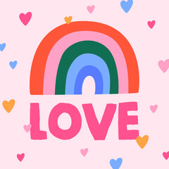 Fototapeta premium Love card design. Cute funny rainbow, romantic LGBT postcard for Valentine's day. Square shape background, colorful hearts in modern trendy doodle style. Childish flat graphic vector illustration