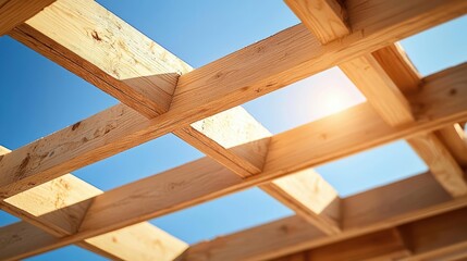 Sunlight shining through wooden beams of a new home construction.