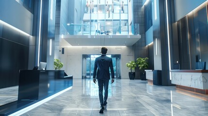 A man in a suit walks through a modern office lobby featuring glossy marble flooring, potted plants, and contemporary design elements, capturing a professional atmosphere.