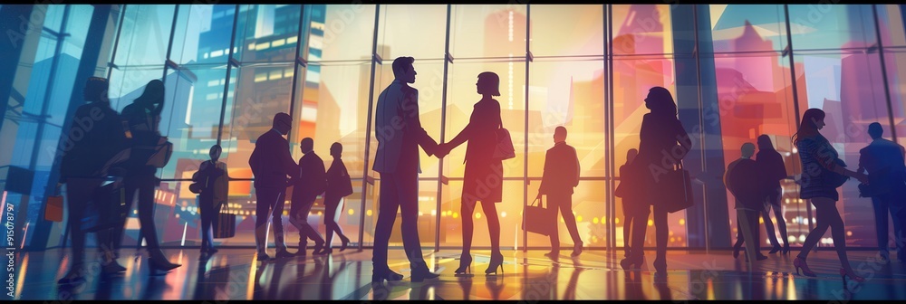 Poster two business people engage in a handshake outside a modern office building as others walk past in an