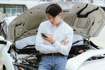 A bearded man in his 30s stands beside his broken-down car with the hood open, looking frustrated. Stranded on the roadside during the day, he uses his smartphone to seek insurance assistance for the 