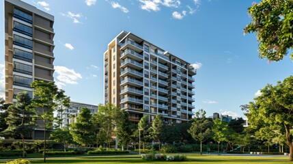 Fototapeta premium A photograph showcasing contemporary apartment buildings nestled within a lush, green urban park, highlighting the harmony between modern architecture and nature on a sunny day.