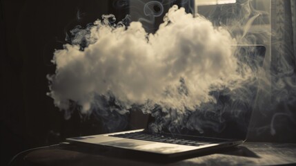 A surreal scene of a laptop with a dense cloud of smoke emerging from its keyboard, representing data processing or cloud computing.