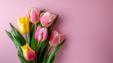 Fototapeta premium Bouquet of tulips on pink background with copy space. Mother day, valentine, and birthday poster and cover card.