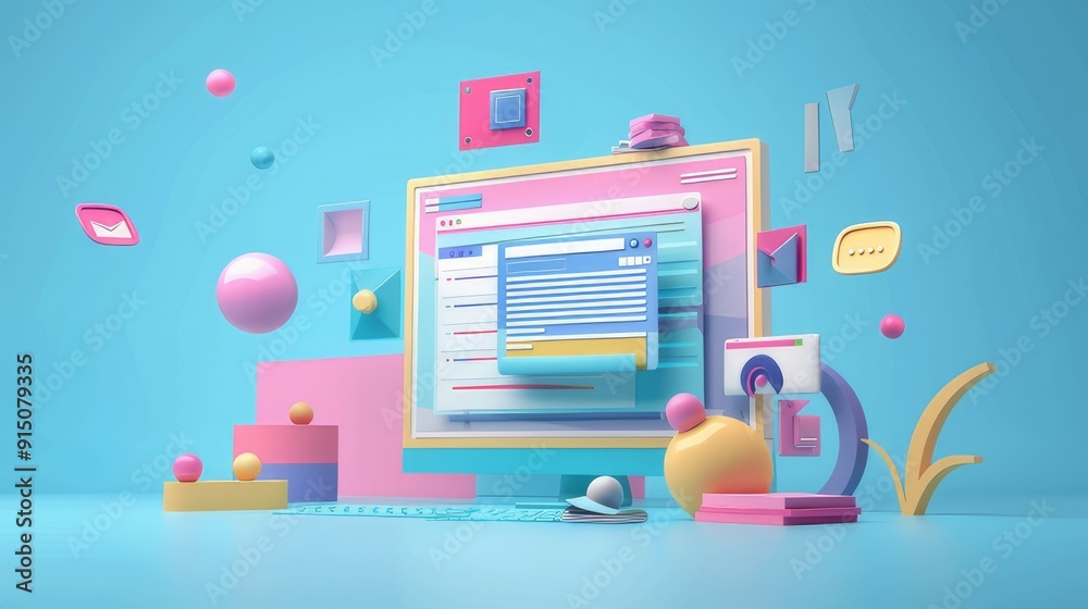 Poster concept of assembling a web page from modules that fly around the display. the web design studio con