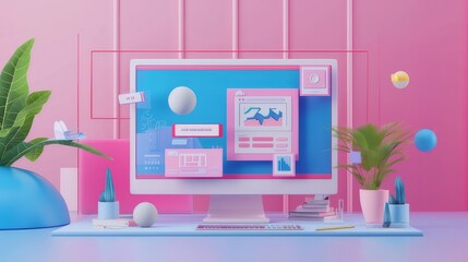 Concept of assembling a web page from modules that fly around the display. The web design studio concept page is on the display