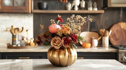 Autumn-themed faux flower arrangement in a gold pumpkin vase on a contemporary kitchen counter. Thanksgiving and Halloween decor.