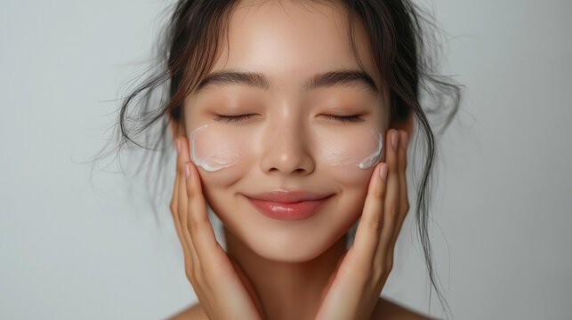 Korean Woman applying skincare product to her face with a relaxed expression in a bright, minimalistic setting