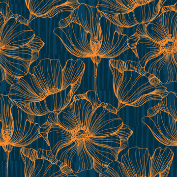 Seamless pattern with summer poppy field flowers. Wildflowers endless pattern in trendy style. Meadow floral illustration. Blooming hellebore poppy flowers seamless pattern.
