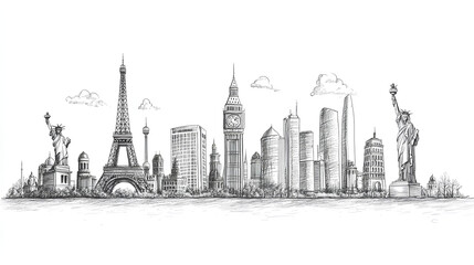Line drawing of famous world landmarks on a white background, depicted in a hand-drawn sketch style, representing travel concepts 