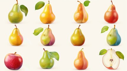 A mix of colorful pears and apples arranged together