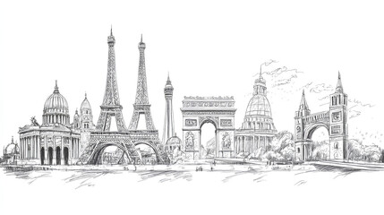 Obraz premium Line drawing of famous world landmarks on a white background, depicted in a hand-drawn sketch style, representing travel concepts 
