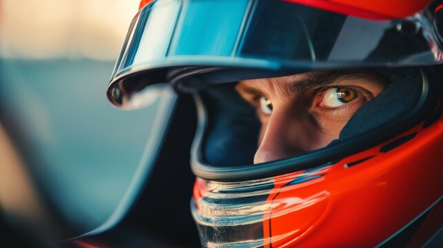 Extreme close-up portrait of a focused race car driver in helmet