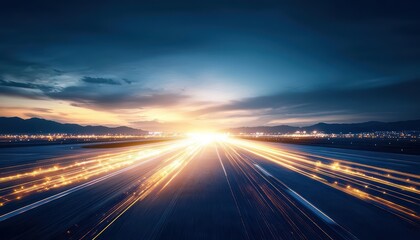 Long, straight highway leading towards a bright horizon during sunset.