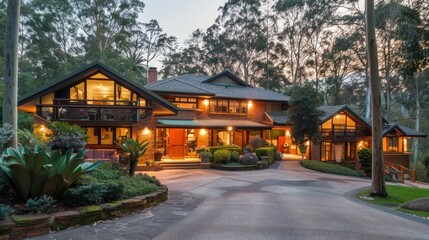 Fototapeta premium A stunning modern house surrounded by lush greenery and tall trees with beautiful landscaping, captured at sunset, showcasing its elegant architectural design.
