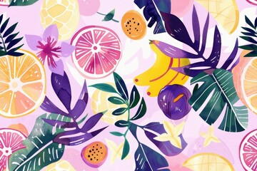 Fototapeta premium Tropical Fruits and Leaves Illustration