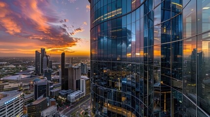 Obraz premium A breathtaking view of a modern city skyline at sunset with towering glass buildings reflecting the vibrant colors of the sky, showcasing urban architectural brilliance.