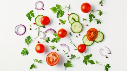 Naklejka premium A colorful arrangement of fresh vegetables and herbs is laid out on a white background, creating a vibrant and healthy composition.