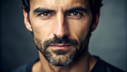 Obraz premium A Close-Up Portrait of a Man with a Beard and a Determined Look - Photography, Portrait, Masculinity, Strength, Close-Up, Facial Expression, Eyes