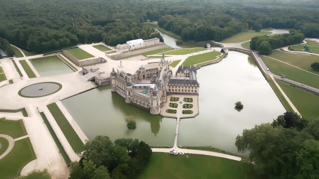 Video drone ch&acirc;teau de Chantilly sans visiteurs par ciel gris 4K