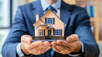 A businessman in a suit is holding a miniature model house, symbolizing real estate, property investment, home ownership, and the housing market. Balanced focus on the house.