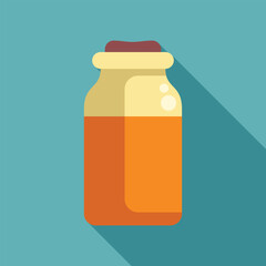 Glass jar filled with orange liquid casting a long shadow over a blue background