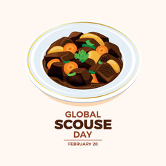 Global Scouse Day poster vector illustration. Beef stew with potato and carrot icon vector. Goulash on a plate drawing. Liverpudlian dish symbol. Template for background, banner, card. February 28.