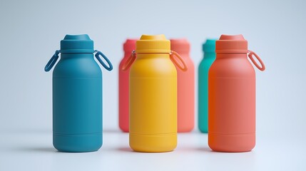 Colorful reusable water bottles arranged neatly on a light surface with soft lighting