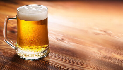 Glass beer on wood background with copy space