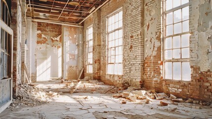 Fototapeta premium A sunlit, abandoned room with peeling paint, broken windows, and debris on the floor, evoking a sense of forgotten history and quiet desolation.