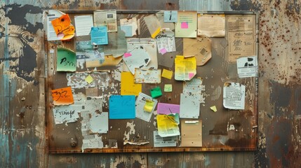 A worn-out bulletin board filled with colorful notes, flyers, and announcements, showcasing community life and public interaction.