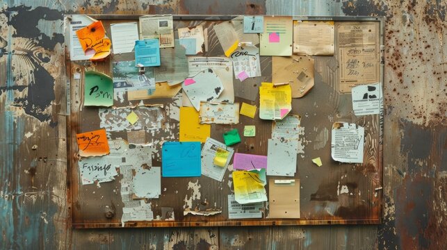 A worn-out bulletin board filled with colorful notes, flyers, and announcements, showcasing community life and public interaction.