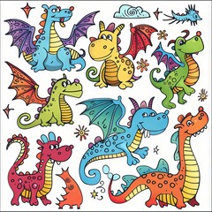 Funny dragons doodle set, cartoon dino, graphic dinosaurs isolated, monster animals