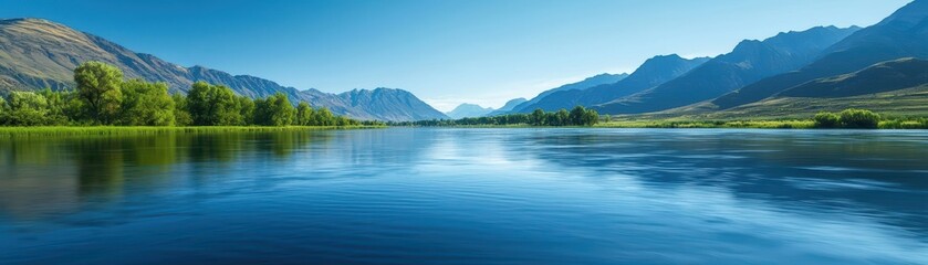 Serene lake reflecting mountains and sky, idyllic landscape.