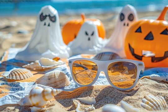 A beach setting with Halloween sunglasses lying on a towel, surrounded by spooky seashells and ghost - shaped sandcastles