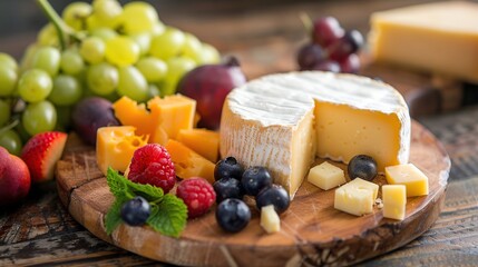 Cheese and fruit on cutting board