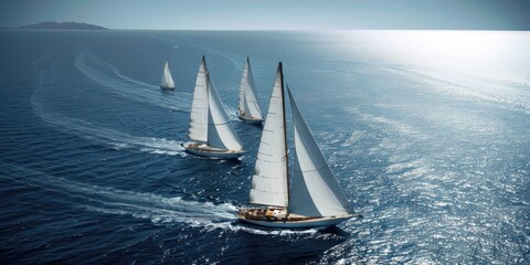 Three yachts with white sails gliding across calm blue waters on a sunny day