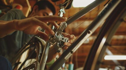 A person meticulously fixing a bicycle in a workshop, focusing on fine adjustments and precision.