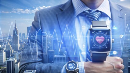 Businessman wearing a smartwatch with a heart rate monitor on his wrist, overlooking a city skyline.